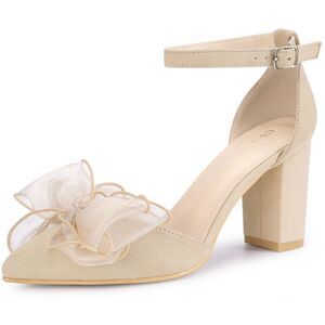 Bow Knot Pointed Toe Block Heel Pumps Beige